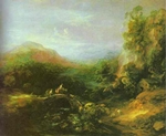 mountain landscape with peasents crossing a bridge mountain landscape with peasents crossing a bridge