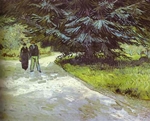 Park with a Couple and a Blue Fir Tree